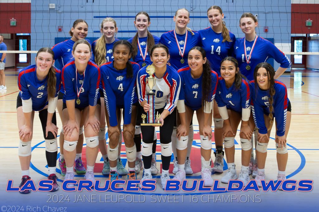 Team shot of the Las Cruces Bulldawgs Varsity Volleyball team holding the trophy.